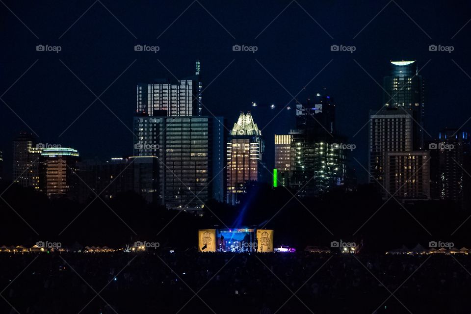 Austin, Texas skyline during their annual Blues On The Green live music performance. 