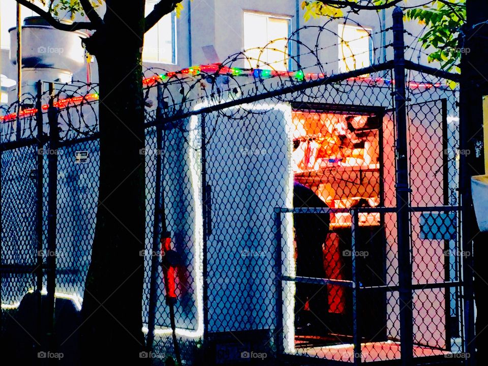 The take-out food vendor stand underneath the Pulaski Bridge in Long Island City, Queens, New York a little more close up. Picture was taken in the Spring of 2019. Hypnotic Productions