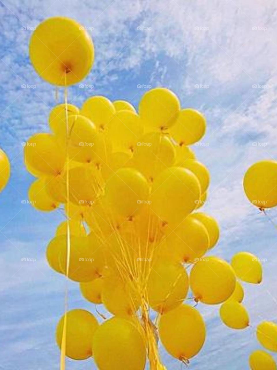 Happiness is watching yellow ballons in the blue sky