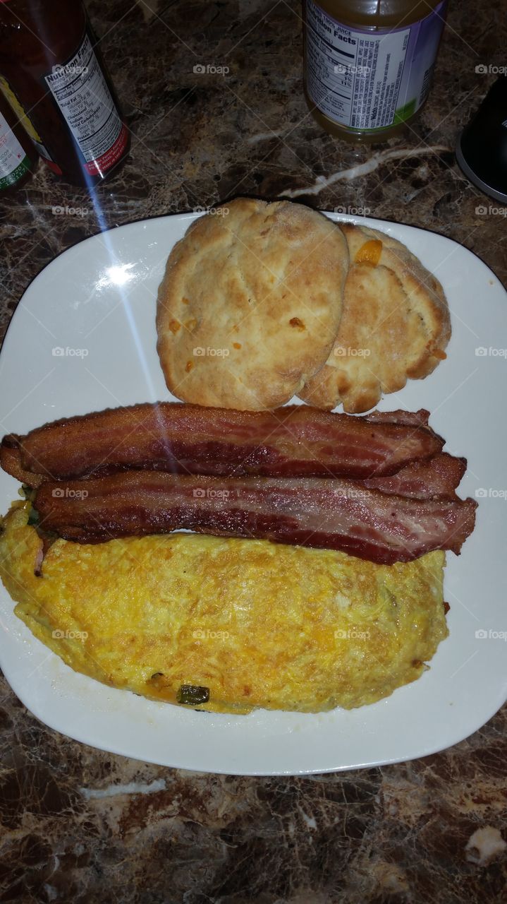 cheese omelet ,bacon and cheddar biscuits