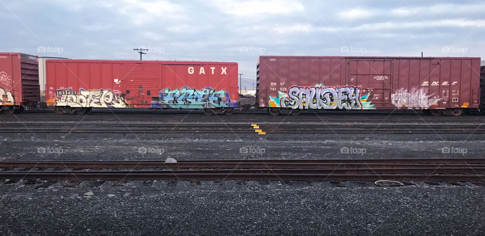 Railway Train Cars With Graffiti. Yakima Washington 11/30/17 