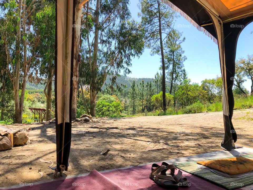 View from a large awning of surrounding countryside 