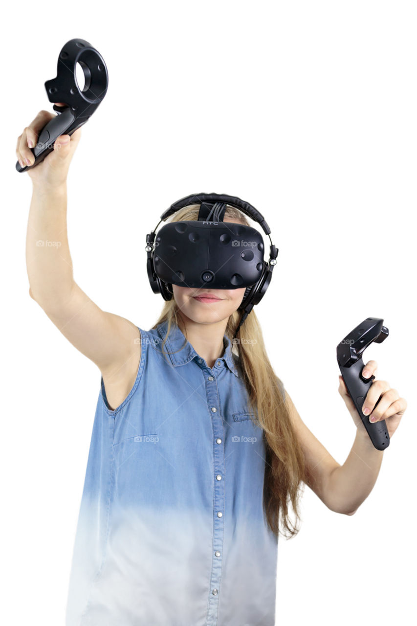 Girl in 3D virtual reality glasses - Virtual Reality Headset - HTC Vive