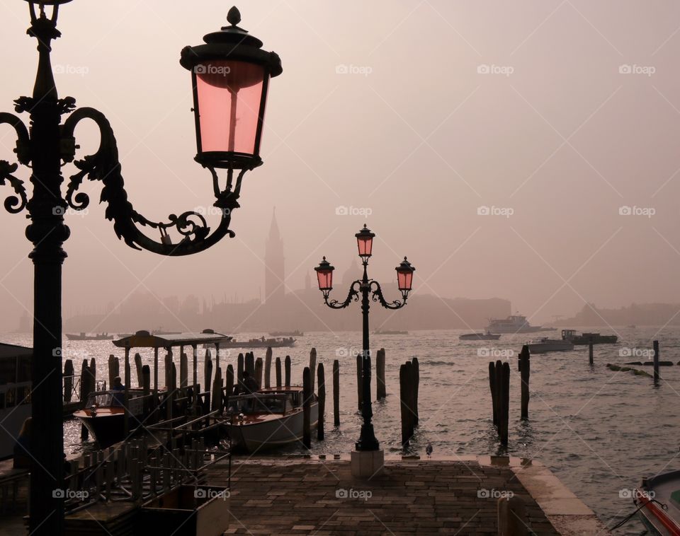 Lanterns in foggy Venice