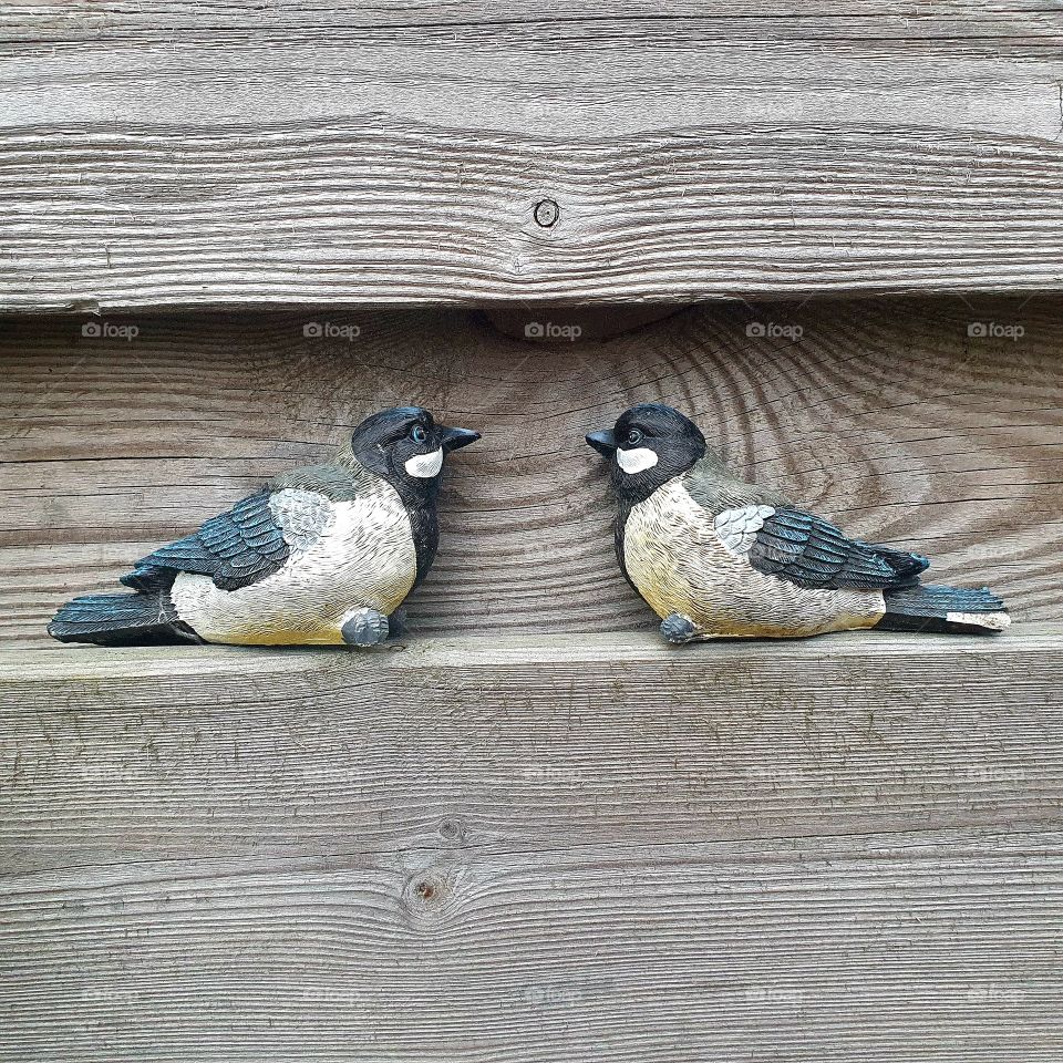 Two stone birds on a fence