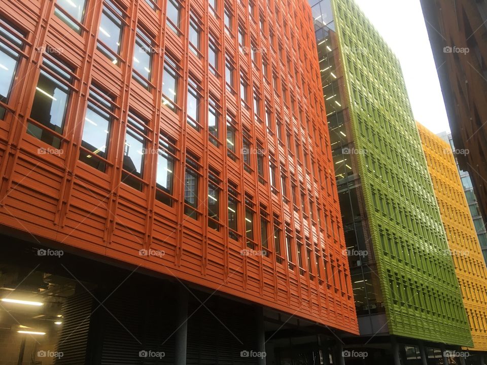 Google UK office, Central Saint Giles, London, shot from Bucknall Street on a Summer evening after work