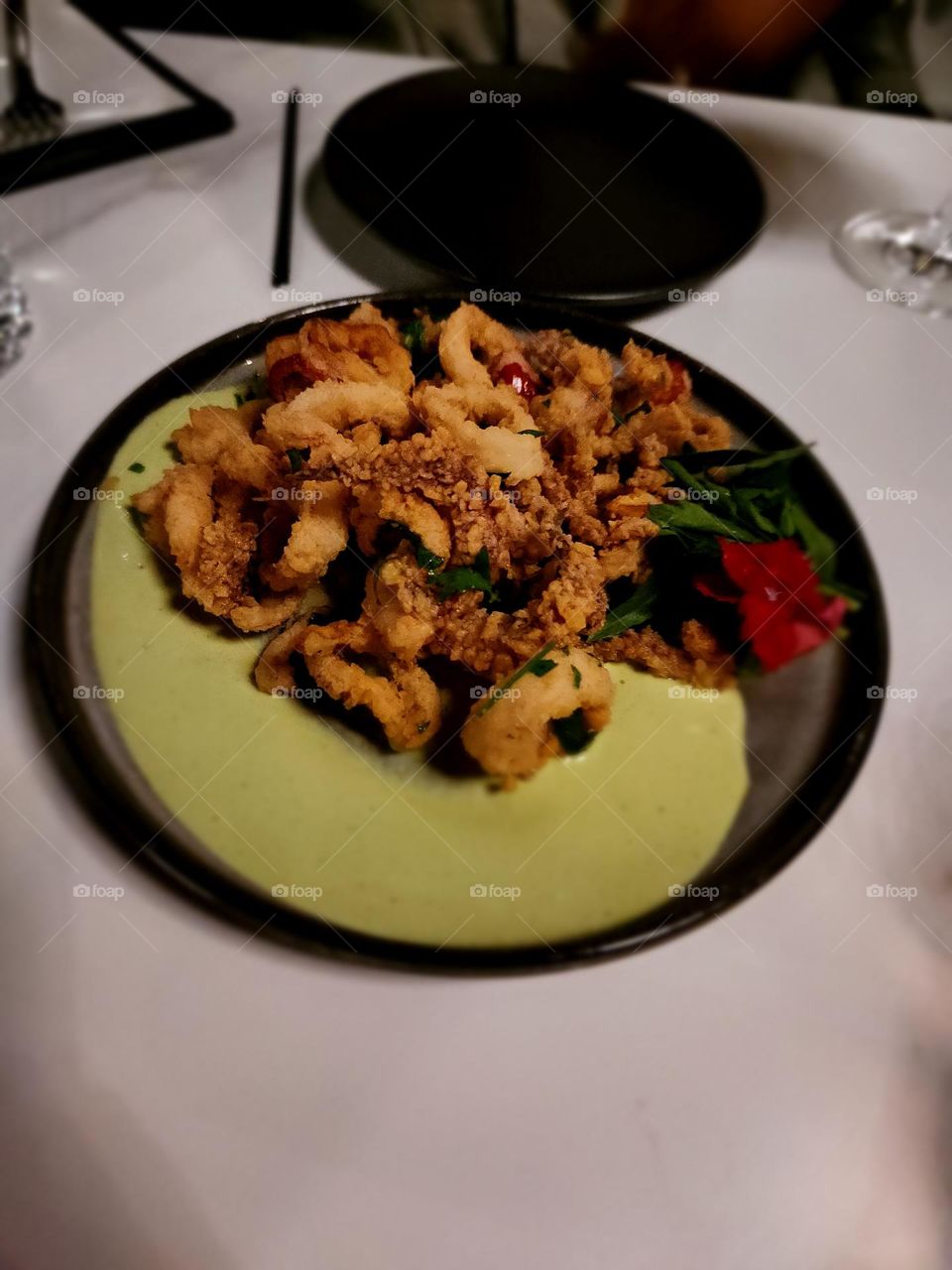 Calamari tri color peppers with jalapeño aioli