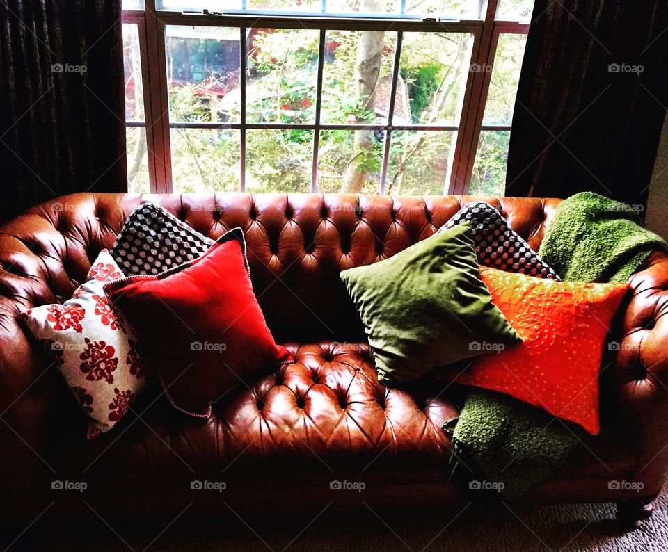 Leather Sofa with Pillows