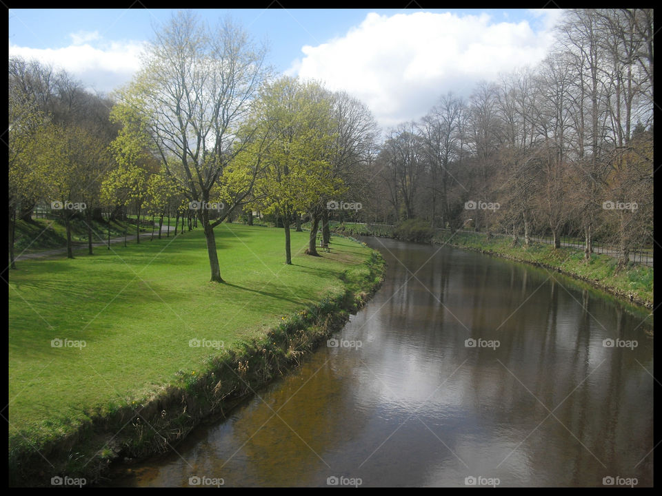 Calm river through park.
