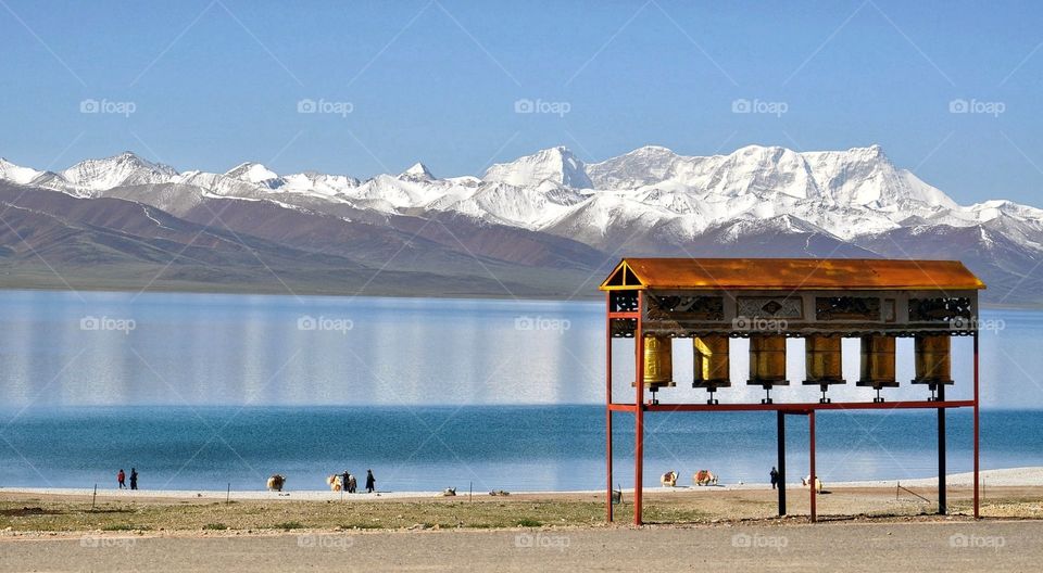 the namtso lake and Buddhism wheels in Tibet