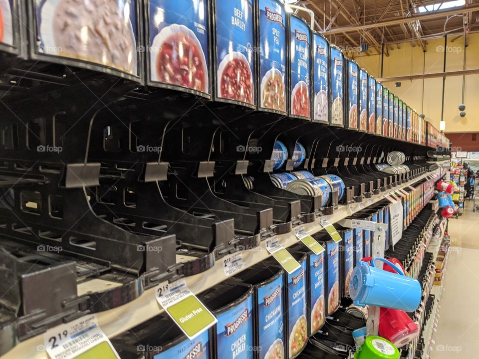 empty soup can shelves at a grocery store in Ohio during the Corona virus outbreak