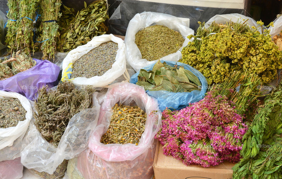 Herbs and dry spices on the bazaar market