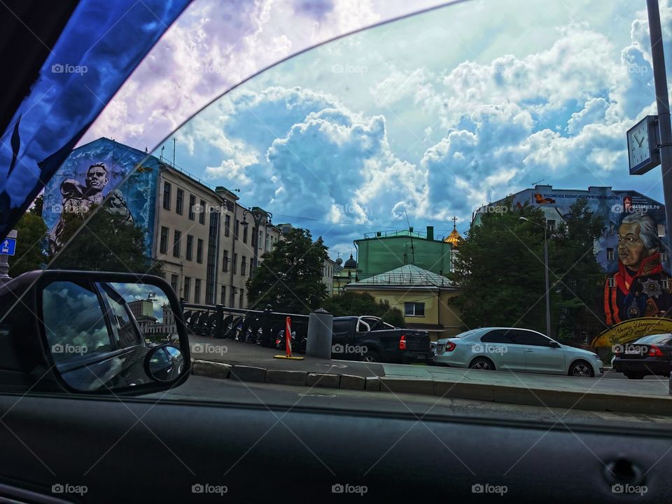 City moscow center town day sky moody road way view window car building mirror