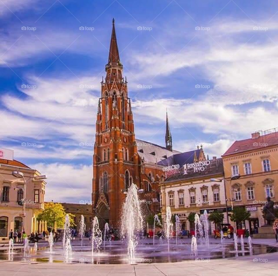 Osijek chathedral and fountain