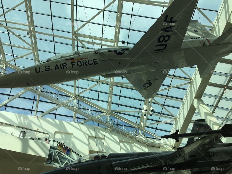 An opposite of a birds eye view of a World War II fighter jet. A true sight to behold