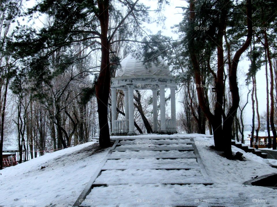 almost black and white image, winter, snow, gazebo in the park, trees