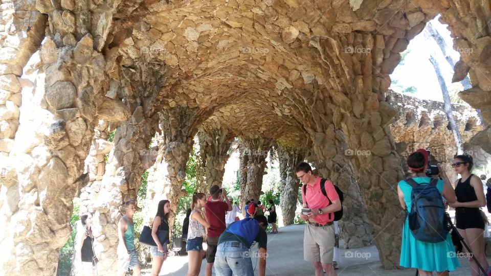 Tourists in Parc Güell, Barcelona, Spain