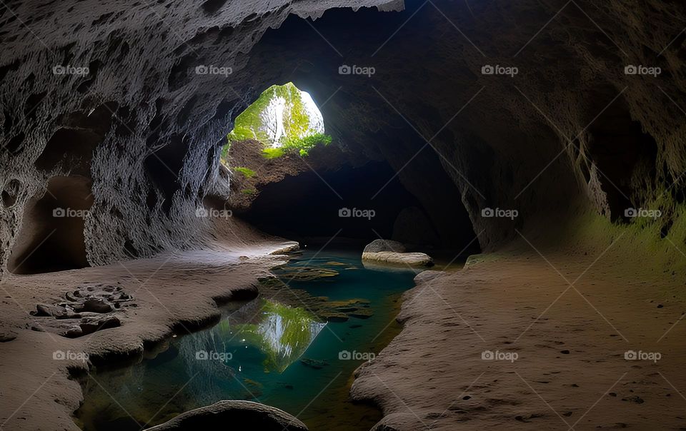 underground cave with small stream