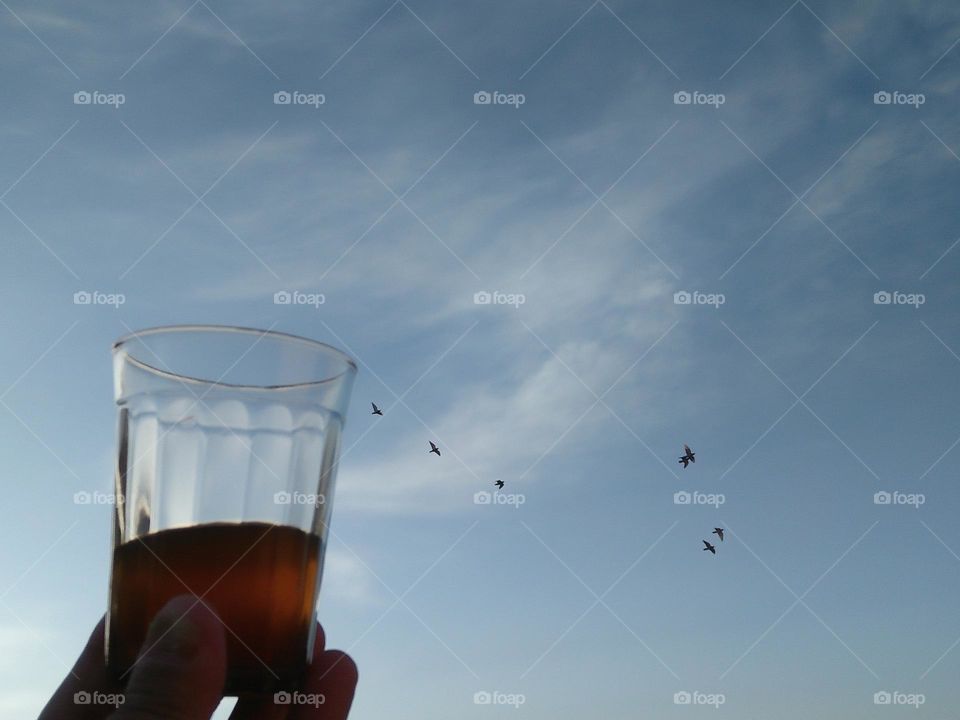 Beautiful cup of tea embraced foggy sky.