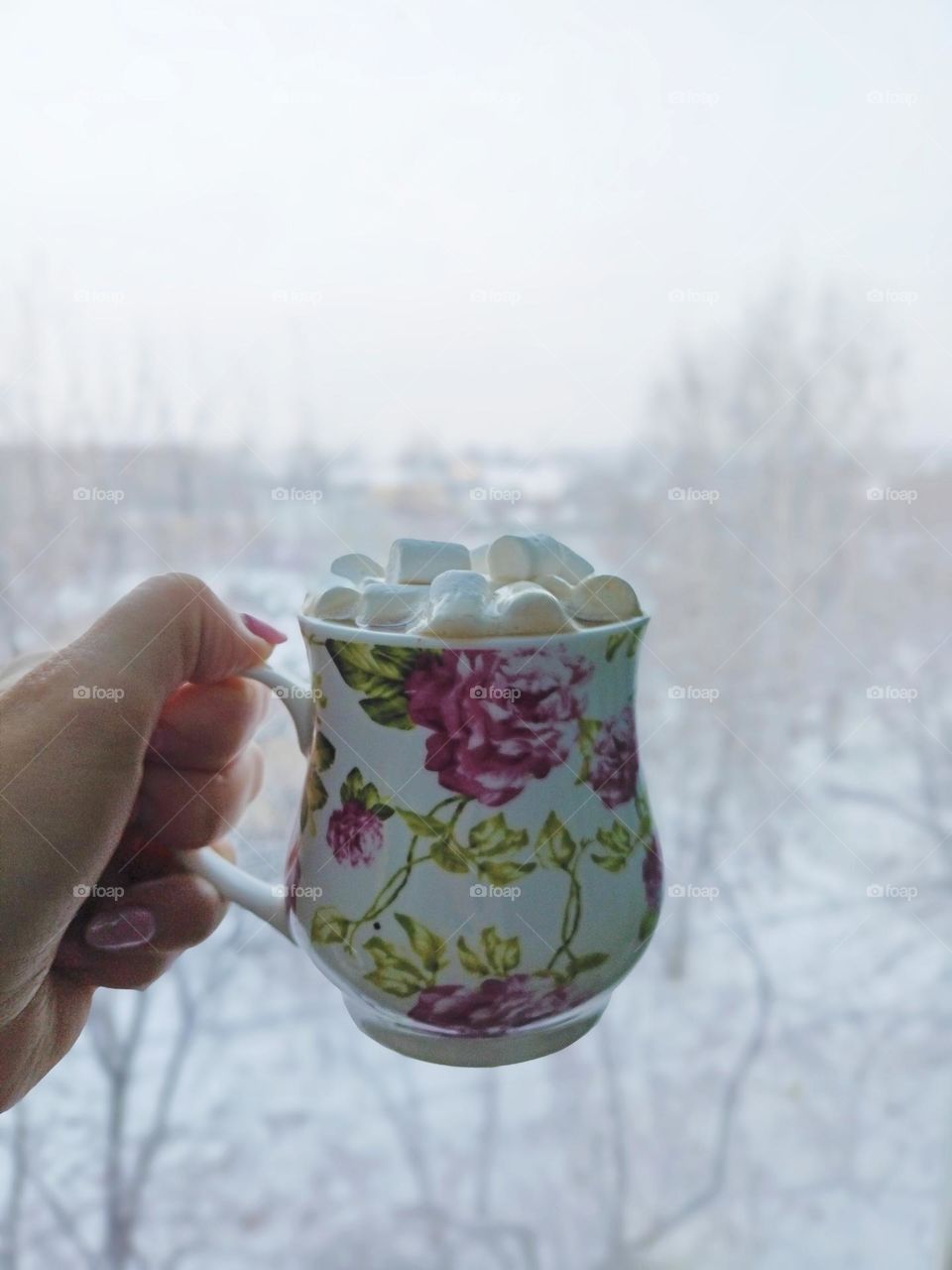 a mug of coffee with milk against the background of a winter landscape outside the window, snowy November, a female hand holds a mug of coffee