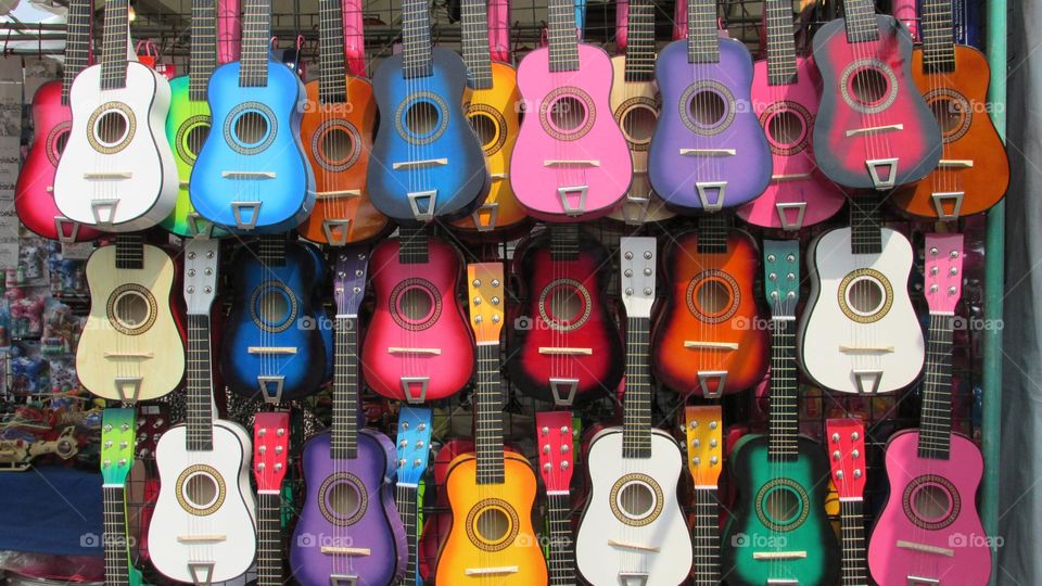 row of guitars