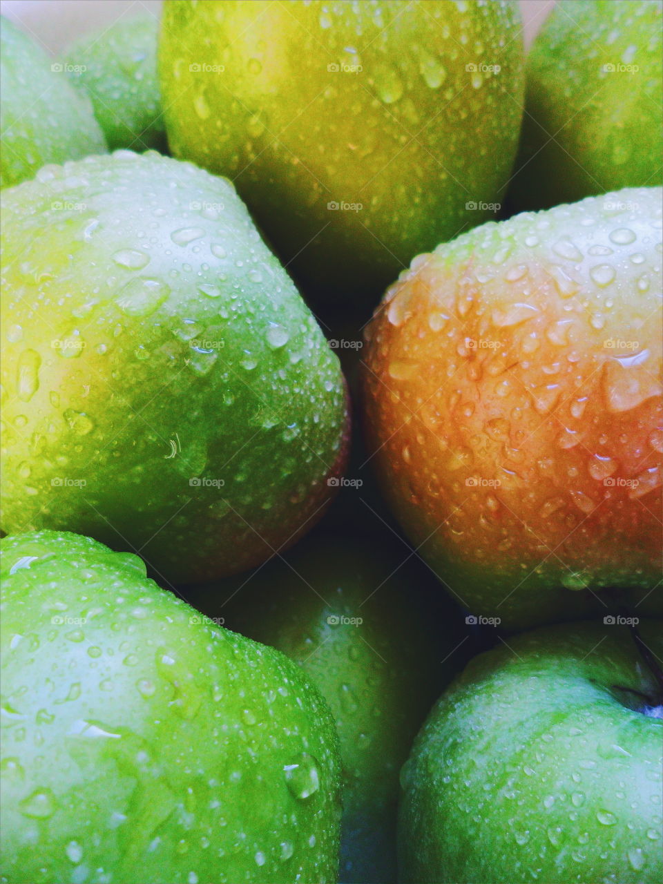 drops of water on green apple varieties of simirenko
