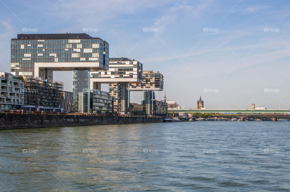 the Rhine River, the buildings and the Cityscape of Cologne or Koeln NRW Germany Europe