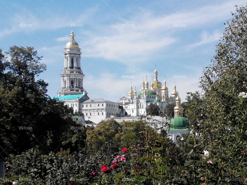 roses and the church. the bigest church in kiev Ukraine