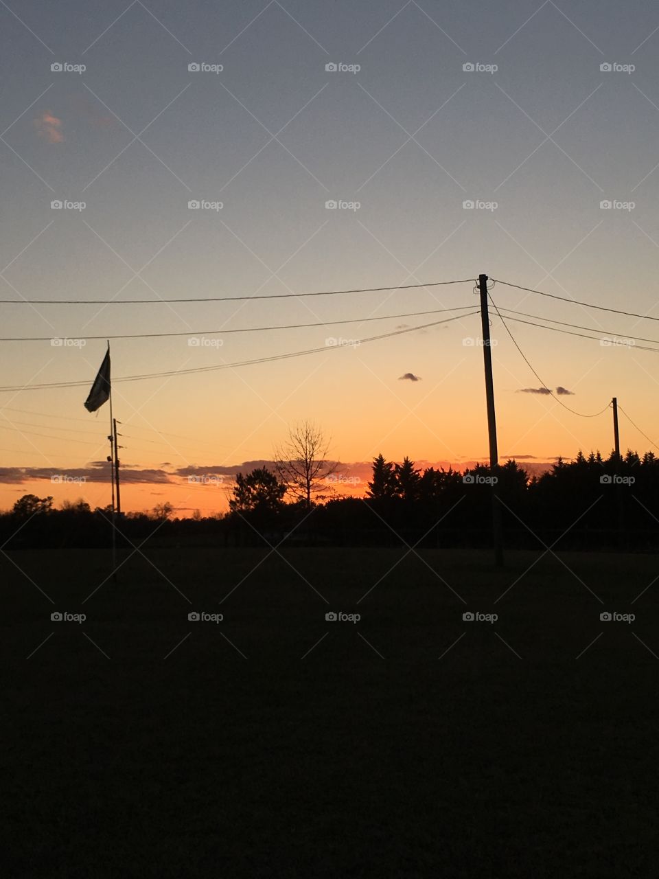 Gorgeous, colorful sunset with flag flying and tree outlines