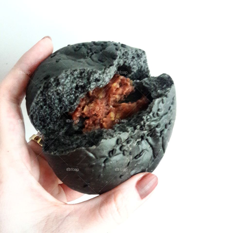 Red bean ginkgo filled charcoal bun