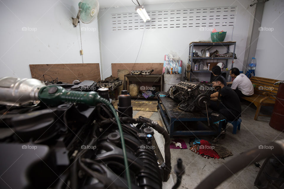 Car engine Inside the garage 