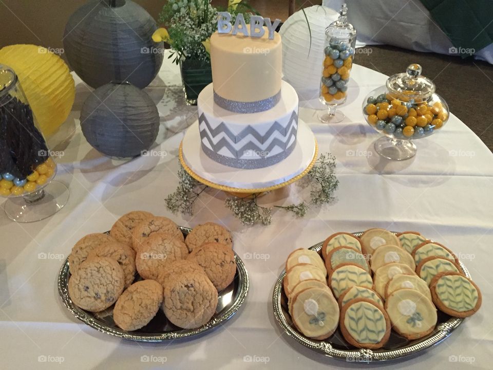 Baby shower treats. Dessert table at gender neutral baby shower 