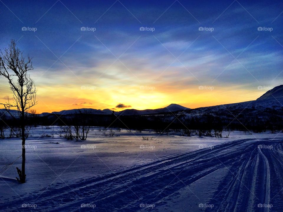 Sunset in winter landscape 