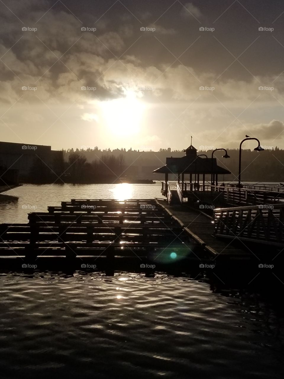 This is a very beautiful picture of a small pier looking over lake Washington in the later hours of the day.