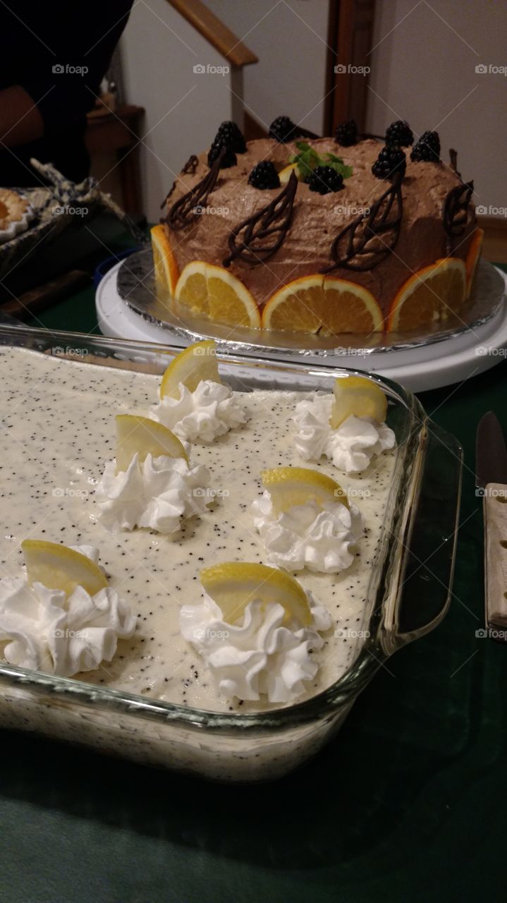 Dessert: lemon poppyseed torte and chocolate cake