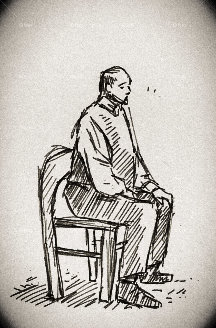 freehand sketching. man sitting on wooden chair