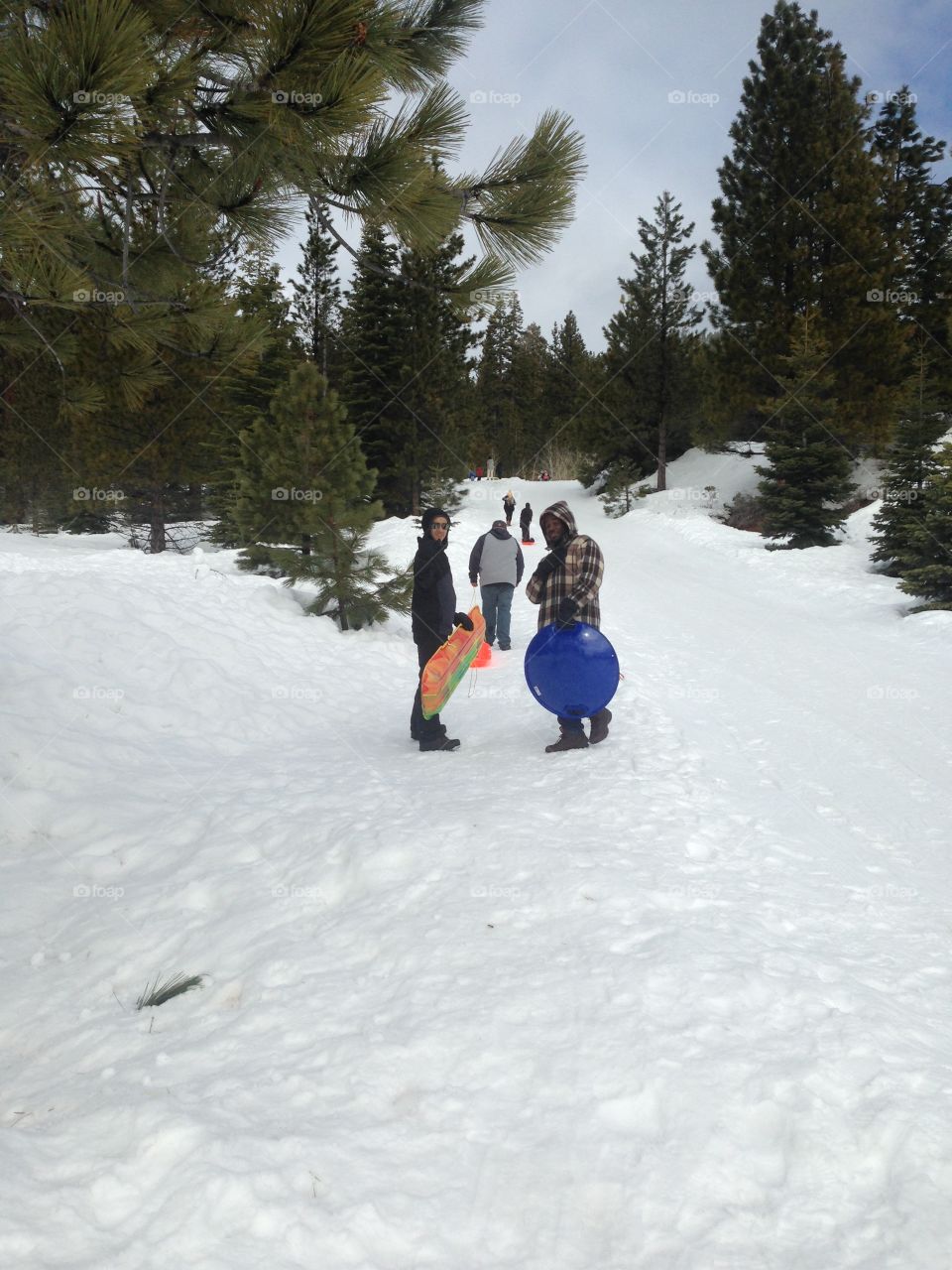 Friends can be family as well. They are sledding down the slopes together.