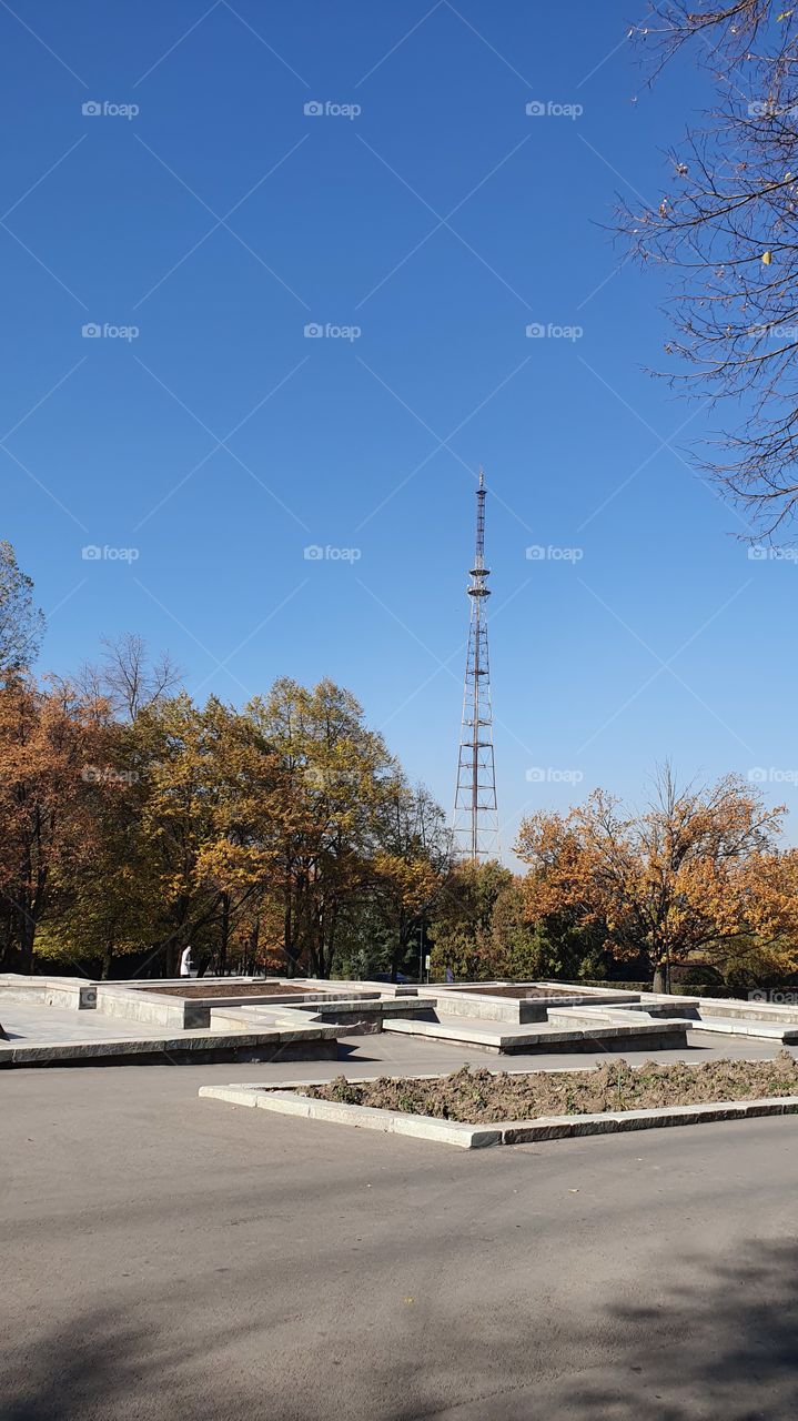 television tower behind the park in fall