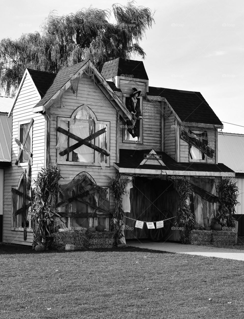 Haunted house in black and white