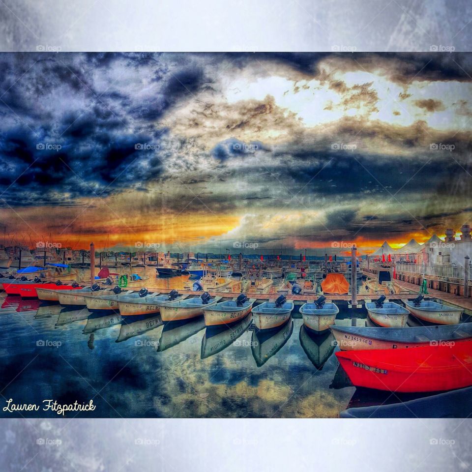 The Golden Hour Boats . Captures the tranquility of the marina on a cloudy evening just before sunset at Belmar Marina, NJ 