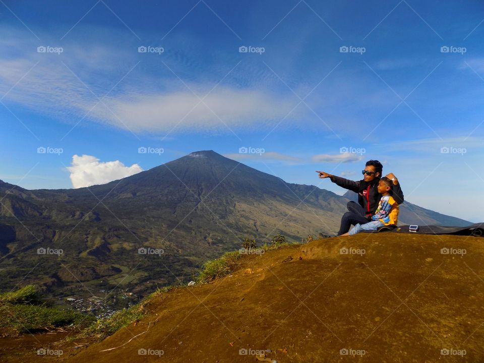 talking, with son, adventure, hills, mountain, sky, vulcano