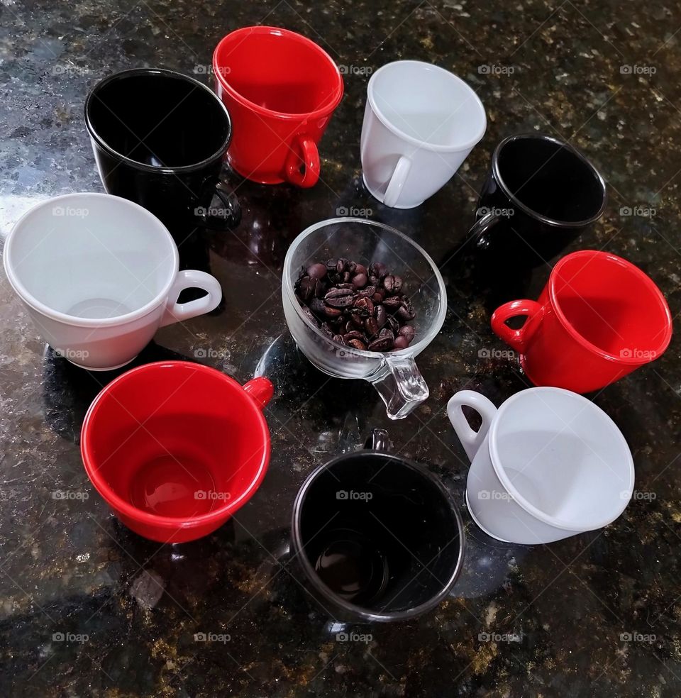 colorful coffee cups and coffee beans
