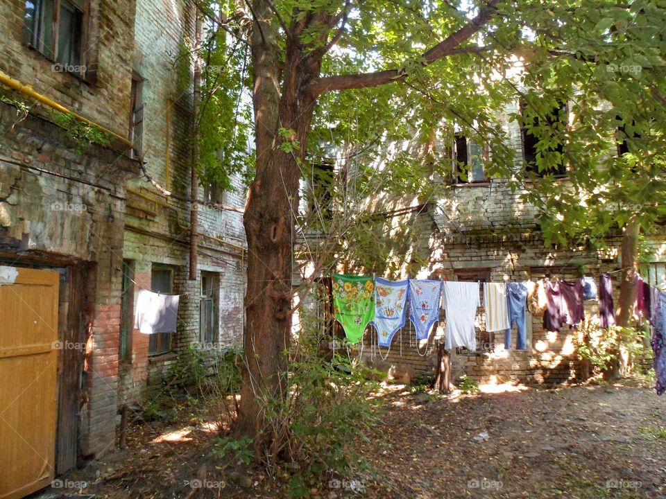 Drying clothes in an old courtyard in Podil in Kiev