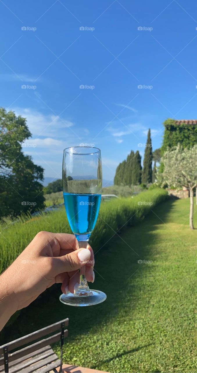 Blue Champagne in Tuscan Vineyard