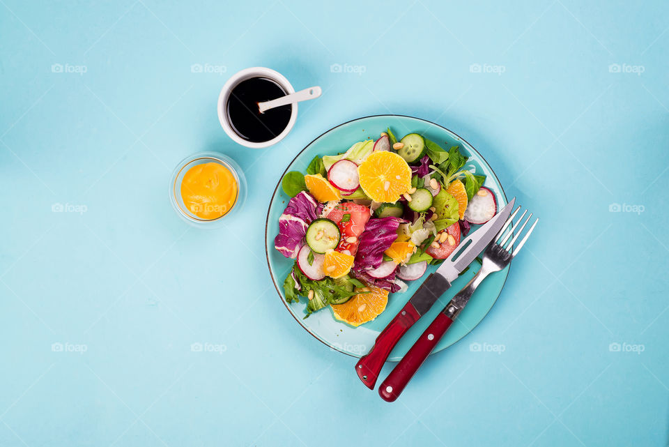 healthy salad in blue