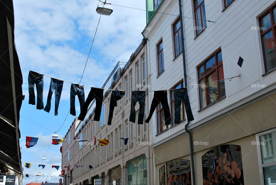 Clothesline, Pants, Jeans, Laundry, City, Gothenburg Sweden Europe 