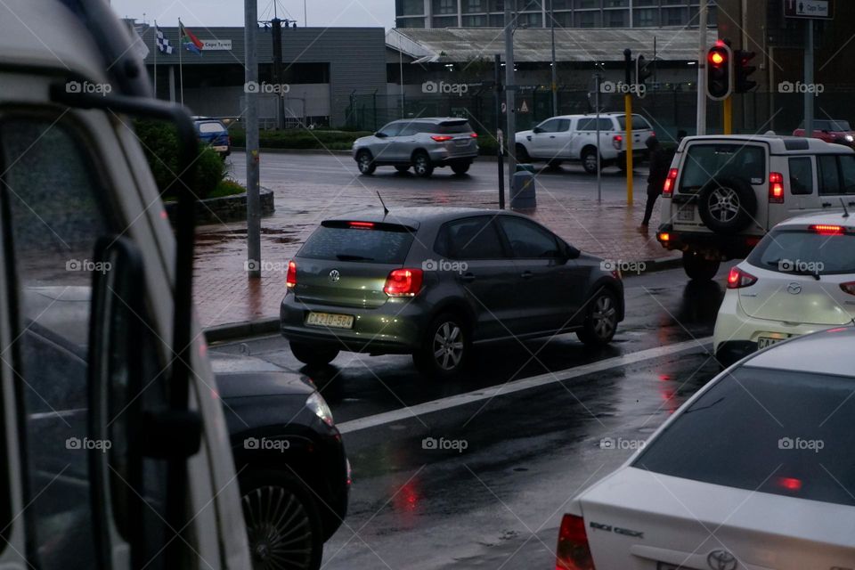 cars stuck in traffic during the rainy season