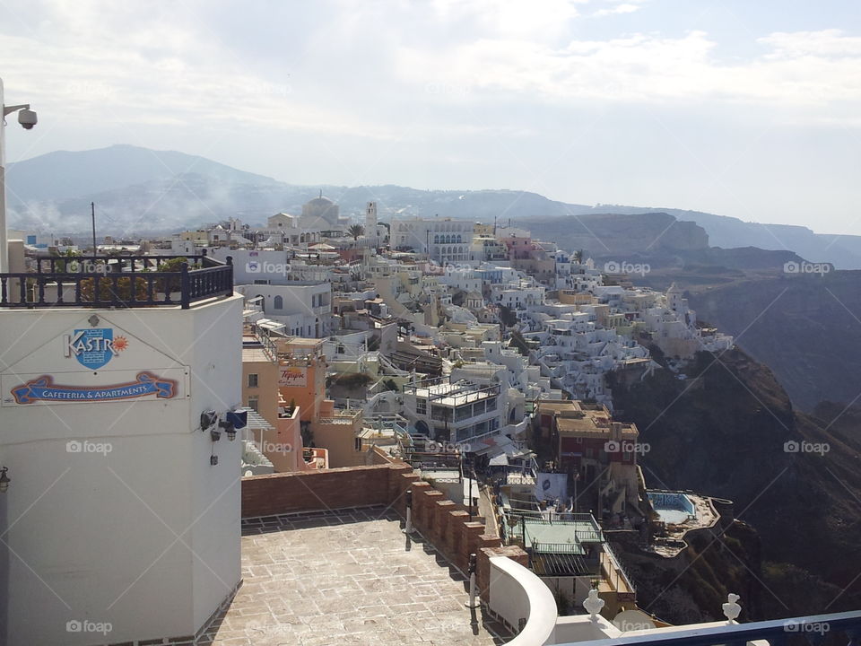 Santorini is an island in the southern Aegean Sea, about 200 km southeast of Greece's mainland. It is the largest island of a small, circular archipelago which bears the same name and is the remnant of a volcanic caldera. 
Santorini - Greece