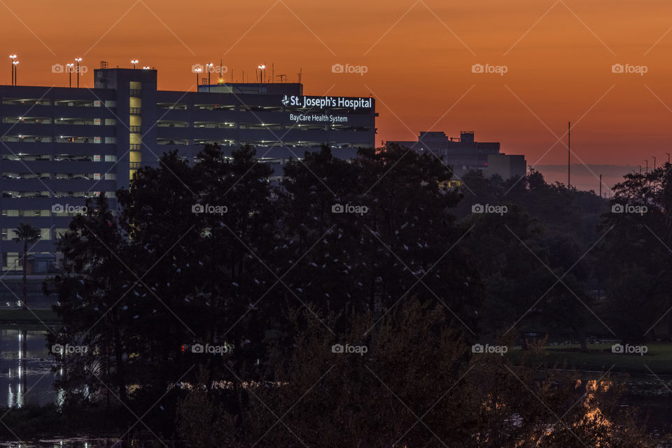 inspirational beautiful bright orange sunset behind a children's hospital building with window lights illuminating the building