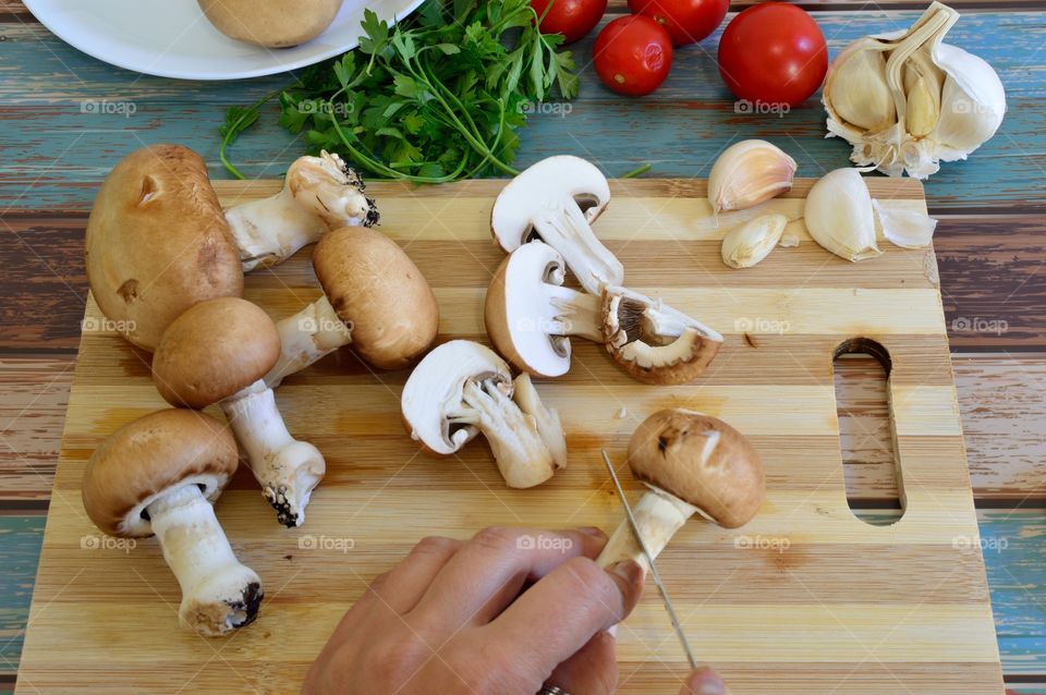 preparing a lunch with mushrooms